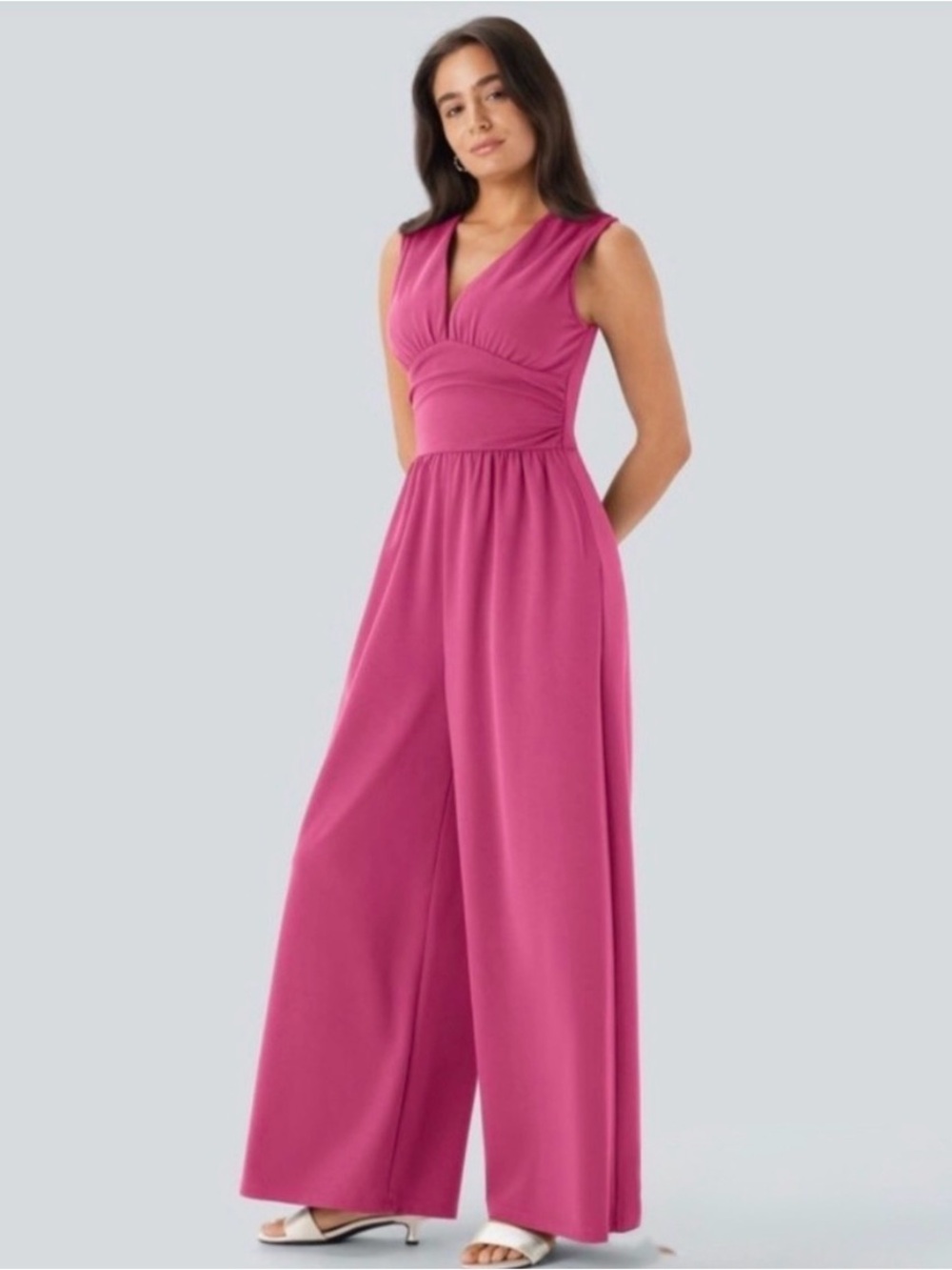 Halara Sleeveless V-Neck Wide-Leg Jumpsuit in Fuchsia New - Picture 2 of 6